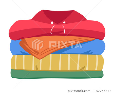 Clothing pile. Stacked clean laundry clothes, washed and dried clothes, laundry apparel flat vector illustration. Cartoon cotton clothing isolated on white Clothing pile. Stacked clean laundry clothes, washed and dried clothes, laundry apparel flat vector illustration. Cartoon cotton clothing isolated on white 137256448