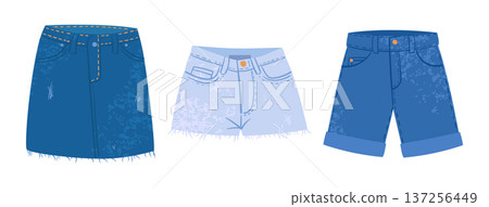 Denim clothes. Cartoon denim casual skirt and shorts, jeans garments flat vector illustration set. Jeans fabric clothing on white background 137256449
