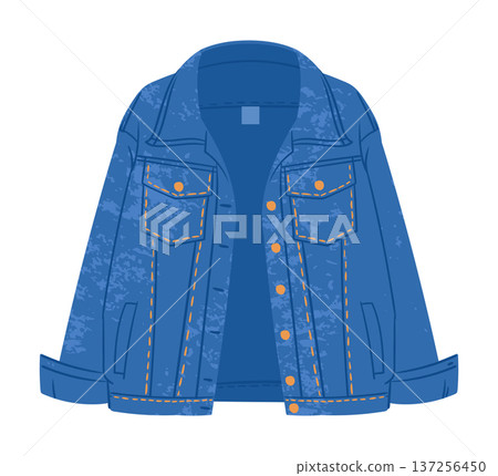 Denim jacket. Cartoon denim casual clothing piece, jeans garments flat vector illustration. Jeans fabric jacket on white background Denim jacket. Cartoon denim casual clothing piece, jeans garments flat vector illustration. Jeans fabric jacket on white background 137256450