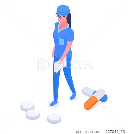 Female medical worker. Isometric doctor or nurse with huge drugs, hospital health care, doctor character flat vector illustration. Health care medical staff isolated on white background Female medical worker. Isometric doctor or nurse with huge drugs, hospital health care, doctor character flat vector illustration. Health care medical staff isolated on white background 137256453