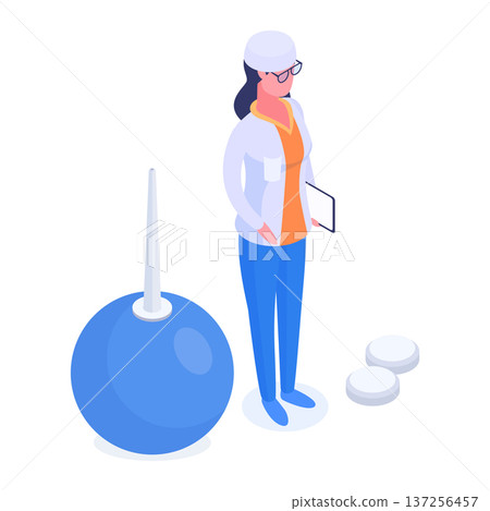 Isometric female medical worker. Doctor or nurse with huge drugs, hospital health care, doctor character flat vector illustration. Health care medical staff isolated on white Isometric female medical worker. Doctor or nurse with huge drugs, hospital health care, doctor character flat vector illustration. Health care medical staff isolated on white 137256457