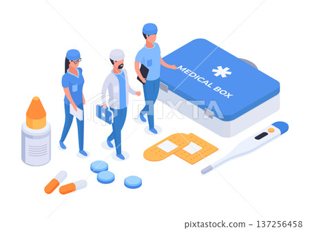 Isometric health care workers. Medical elements and hospital doctor characters, medical staff and health supplies 3d vector illustration. Healthcare medical scene 137256458