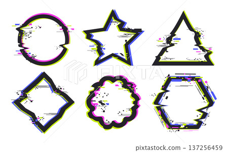 Noise glitch border frames. Abstract digital distortion borders, pixelated bad tv signal glitch effects flat vector illustration set. Glitch frames isolated on white Noise glitch border frames. Abstract digital distortion borders, pixelated bad tv signal glitch effects flat vector illustration set. Glitch frames isolated on white 137256459