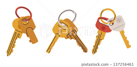 Simple door keys. Key bunches, golden apartment or house keys bunches flat vector illustration set. Cartoon real estate property keys isolated on white background 137256461