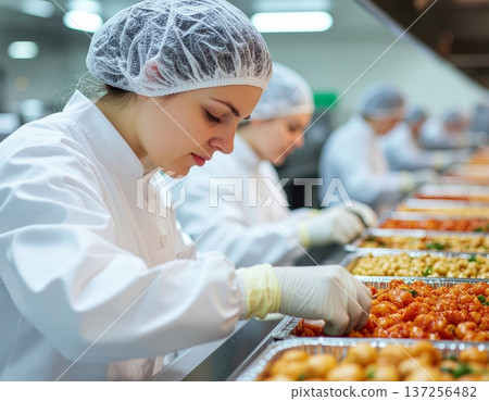在食品工廠擺放預製食品 在食品工廠擺放預製食品 137256482
