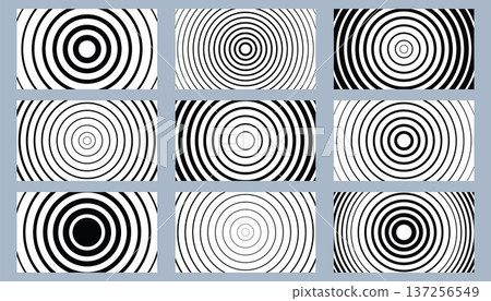 Set of nine monochrome halftone concentric circle backgrounds for cards or digital assets. 137256549