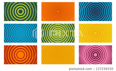 Set of nine colorful halftone concentric circle backgrounds with radial line patterns. Set of nine colorful halftone concentric circle backgrounds with radial line patterns. 137256550