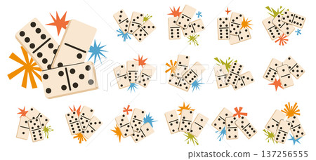 Set of colorful domino game tile compositions with retro starburst accents. 137256555