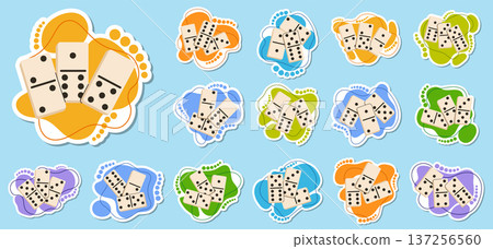 Set of domino sticker icons on colorful abstract backgrounds for games. 137256560