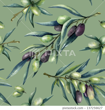 Watercolor olive branch seamless pattern on green background. Concept healthy food, Mediterranean cuisine. Isolated illustration for textiles, kitchen decor, packaging, stationery, organic packaging Watercolor olive branch seamless pattern on green background. Concept healthy food, Mediterranean cuisine. Isolated illustration for textiles, kitchen decor, packaging, stationery, organic packaging 137256627