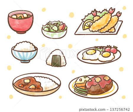 手繪水彩食物及餐點插畫集。含日式料理及配菜（飯糰、炸蝦、蛋餅等）、菜單及食譜。 137256742