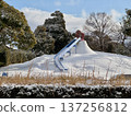 Snow-covered morning park with a slide on the hill 137256812