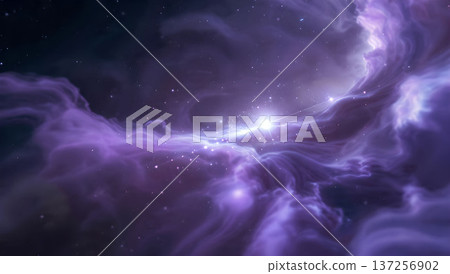 Beautiful purple nebula cloud in deep space with bright stars. Cosmic background with colorful gas and dust. 137256902