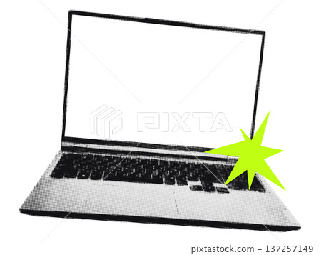 Modern laptop in halftone pop art style with neon green starburst accent Online promotion concept, digital marketing, technology announcement, web sale event. Retro vector illustration for collage 137257149