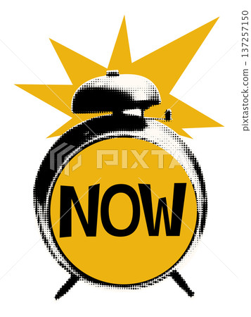 Halftone alarm clock with bright yellow burst and bold Now text. Concept of urgency, deadline, time management, flash sale, immediate action. Modern retro vector illustration for collage and scrapbook Halftone alarm clock with bright yellow burst and bold Now text. Concept of urgency, deadline, time management, flash sale, immediate action. Modern retro vector illustration for collage and scrapbook 137257150