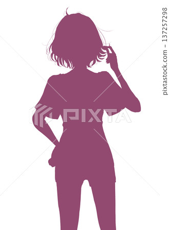 Woman in short sleeves and shorts playing with her hair silhouette 137257298