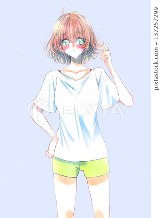 Woman in short sleeves and shorts, sweating and blushing 137257299