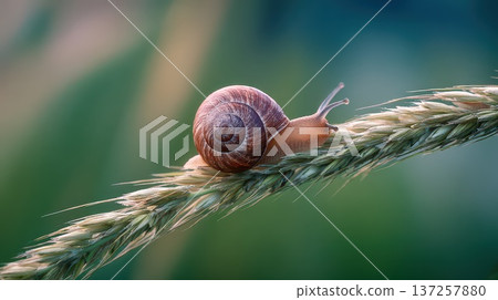 Elegant french garden snail perched on grass stalk 137257880