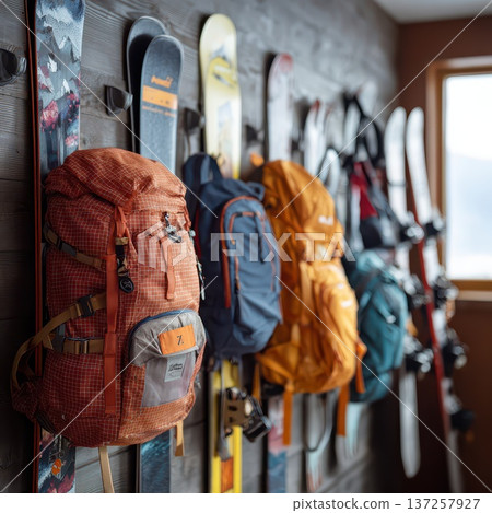 Snowboard and ski gear displayed on the wall 137257927