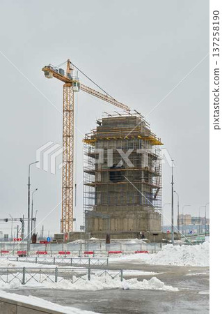 Elevated view of tower with steel framework and equipment 137258190