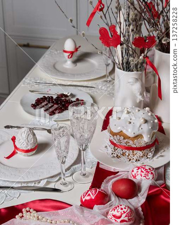 Table arranged with festive items for joyful spring event 137258228