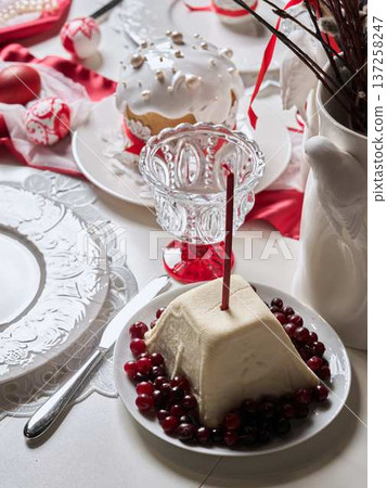 Charming dessert presentation on festive table with decor 137258247