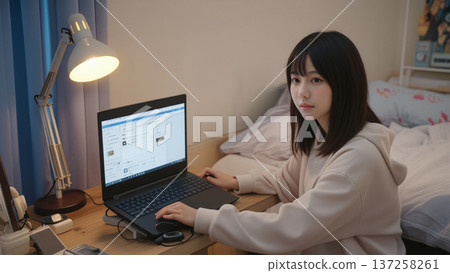 一名女子夜間使用電腦。 一名女子夜間使用電腦。 137258261