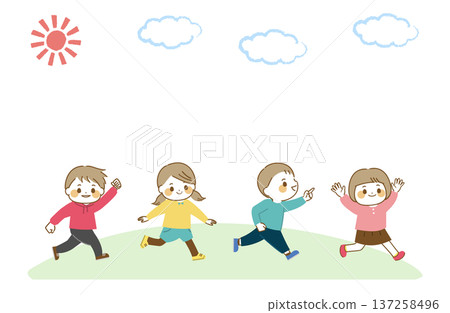 Children running energetically on a sunny day Children running energetically on a sunny day 137258496