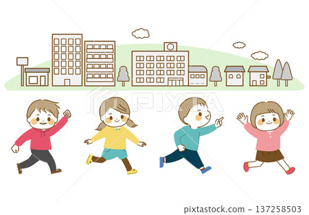 孩子們精力充沛地奔跑著，以及城市景觀。 137258503