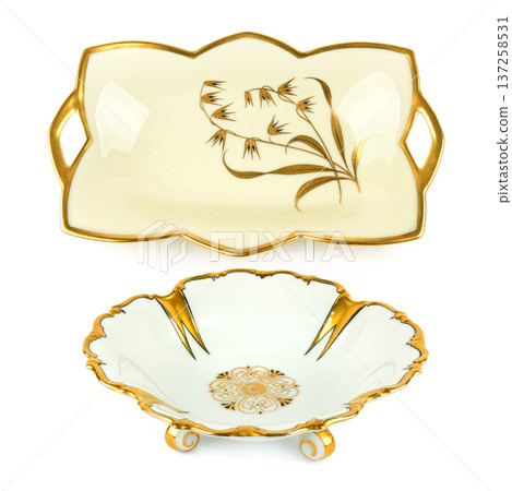Antique ceramic tray and decorative bowl with gilded edges. 137258531