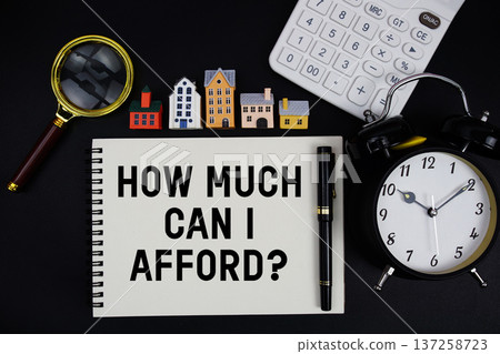 Notepad with the phrase "How Much Can I Afford?" surrounded by a pen, calculator, magnifying glass, clock, and house model 137258723