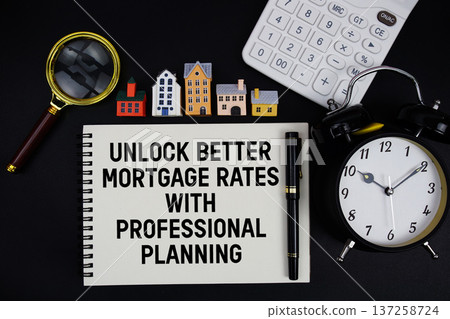 Notepad with the phrase "Unlock Better Mortgage Rates With Professional Planning" surrounded by a pen, calculator, magnifying glass, clock, and house model 137258724