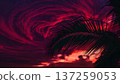 Dramatic sunset sky with swirling red clouds and silhouetted palm tree. Tropical evening nature scene, vibrant colors. 137259053