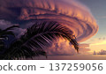 Stunning lenticular cloud formation at sunset over tropical landscape with palm trees. Atmospheric and scenic nature background. 137259056