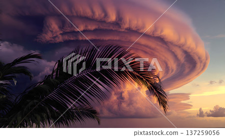 Stunning lenticular cloud formation at sunset over tropical landscape with palm trees. Atmospheric and scenic nature background. 137259056