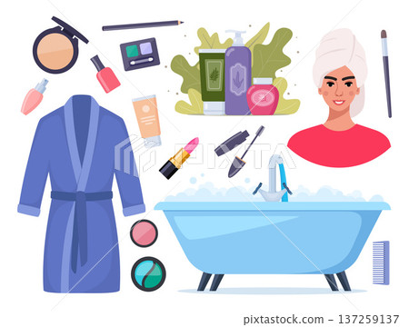 Bathroom accessories and Decorative cosmetics. Cute hygiene and beauty items and furniture, woman spa accessories. Vector illustration. Bathroom accessories and Decorative cosmetics. Cute hygiene and beauty items and furniture, woman spa accessories. Vector illustration. 137259137