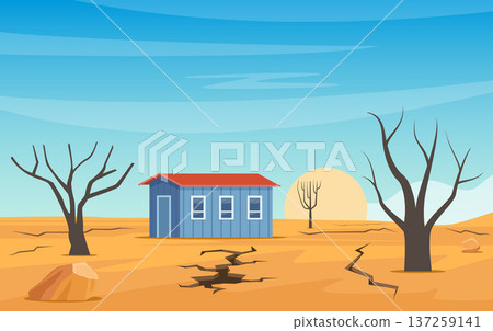 Long term drought at countryside. Cracked ground and dried tree near house. Natural disaster risk. Vector illustration. 137259141