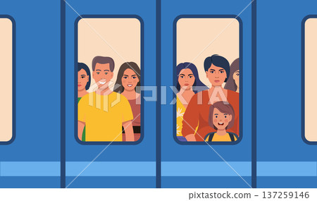 Crowded subway train. Commuters inside busy subway in rush hour. People behind window door. Overcrowded metro train, public transport. Vector illustration 137259146