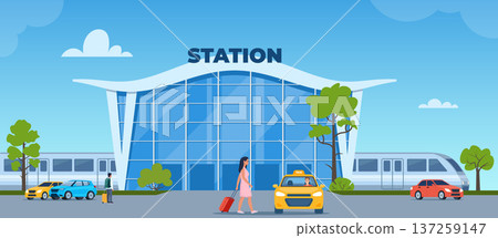 Modern Railway Station Building, train, cars and people. Yellow taxi car. Passenger with suitcase goes to the taxi. Travelling by train concept. Vector illustration Modern Railway Station Building, train, cars and people. Yellow taxi car. Passenger with suitcase goes to the taxi. Travelling by train concept. Vector illustration 137259147