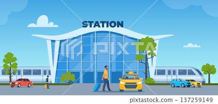 Modern Railway Station Building, train, cars and people. Yellow taxi car. Passenger with suitcase goes to the taxi. Travelling by train concept. Vector illustration 137259149