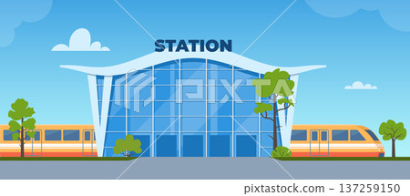 Modern Railway Station Building, train, cars and people. Yellow taxi car. Passenger with suitcase goes to the taxi. Travelling by train concept. Vector illustration Modern Railway Station Building, train, cars and people. Yellow taxi car. Passenger with suitcase goes to the taxi. Travelling by train concept. Vector illustration 137259150