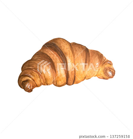 A delicious French watercolor croissant on a white background. Hand-drawn sweet pastry for breakfast with coffee in a vintage style. Perfect for menus, coffee shops, cafes, and prints. 137259158