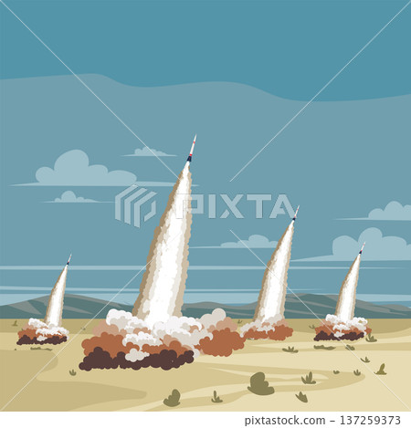 Ballistic Missile Launches Trail Over Desert Landscape. Ballistic Missile Launches Trail Over Desert Landscape. 137259373