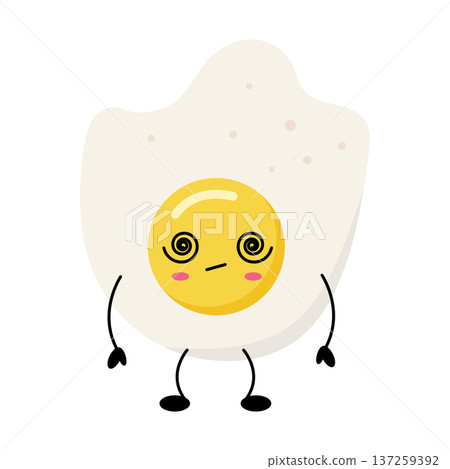 Adorable spiraleyed egg character. Whimsical fried egg figure with expressive eyes and tiny limbs 137259392