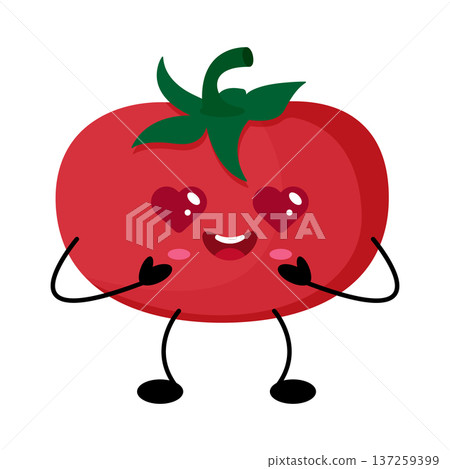 Playful smiling vegetable kawaii character. Adorable tomato with hearts and expressive eyes design 137259399