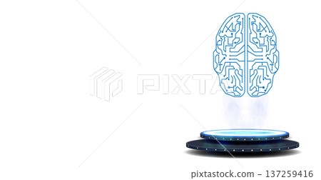 Concept design of a digital brain above a platform with a blue glow, representing artificial intelligence and technology Concept design of a digital brain above a platform with a blue glow, representing artificial intelligence and technology 137259416