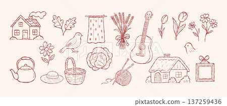 Cute cottagecore home and hobby vector set with cottage house knitting yarn acoustic guitar and garden flowers in hand drawn doodle line art style 137259436