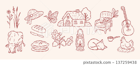 Rustic cottagecore farm vector set with homemade pie bread cow hen and cottage house in hand drawn doodle line art style for organic bakery branding design Rustic cottagecore farm vector set with homemade pie bread cow hen and cottage house in hand drawn doodle line art style for organic bakery branding design 137259438