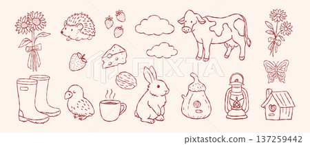 Cute cottagecore farm life vector set with cow rabbit sunflower and garden tools in hand drawn doodle line art style for organic branding and kids design 137259442