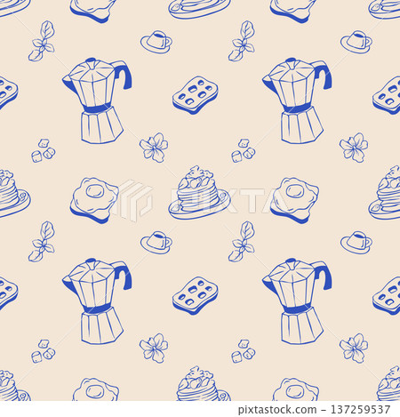 Seamless pattern with coffee, waffles and egg. Outline print of breackfast sketches 137259537